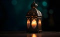 Ramadan greeting card template. lantern with city blurry view. Generative AI