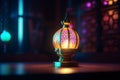 Ramadan greeting card template. lantern with city blurry view. Generative AI