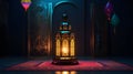 Ramadan greeting card template. lantern with city blurry view. Generative AI