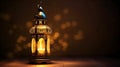 Ramadan greeting card template. lantern with city blurry view. Generative AI