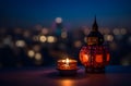 Ramadan greeting card template. lantern with city blurry view. Generative AI