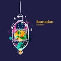 Ramadan greeting card with traditional watercolor night lantern. Royalty Free Stock Photo