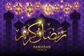 Ramadan greeting card on violet background. Vector illustration. Ramadan Kareem means Ramadan is generous. Royalty Free Stock Photo