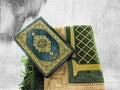 Ramadan greeting cards with Koran background and prayer rugs