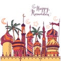 Ramadan greeting illustration with silhouette of mosque. Multicolor seamless background. Ramadan Kareem. Creative design Royalty Free Stock Photo
