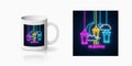 Ramadan greeting text with fanus lanterns, star and crescent design, banner in neon style on mug mockup Royalty Free Stock Photo