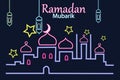 Ramadan greeting text with fanus lanterns, star and crescent design, banner in neon style.Vector design element Royalty Free Stock Photo