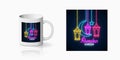 Ramadan greeting text with star, crescent and fanus lanterns design, banner in neon style on mug mockup Royalty Free Stock Photo