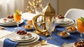 Ramadan Iftar dinner table set with dates, sweets, and a decorative golden lantern and crescent. Royalty Free Stock Photo