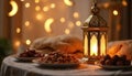 Ramadan iftar meal setting with lantern, dates, bread, and nuts on table. Islamic holy month tradition with warm bokeh lights, Royalty Free Stock Photo
