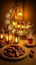 Ramadan Iftar table setting with a crescent moon lantern display, ornate Arabic lanterns, dates on a golden plate, and a steaming Royalty Free Stock Photo
