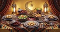 Ramadan iftar table setting with dates lanterns and Royalty Free Stock Photo