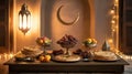 Ramadan iftar table setting with dates sweets and lanterns Royalty Free Stock Photo