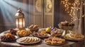 Ramadan iftar table setting with dates sweets and lanterns Royalty Free Stock Photo