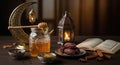 Ramadan Iftar Table Setting with Honey Jar, Dates, Spices, and Decorative Lanterns Keywords: Ramadan, Iftar, dates Royalty Free Stock Photo