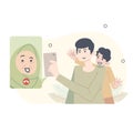 ramadan illustration. apologize to mother for not being able to go home on Eid al-Fitr. teleconference with mother during Eid al-