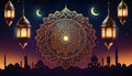 ramadan islamic lanterns and crescent moon, with mosques silhouette and starry night skies