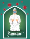 Ramadan islamic worship. Prayer. Muslim worship wearing mask prevents coronavirus or COVID-19. Illustration vector, eid mubarak