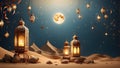 Ramadan kareem abstract background with lantern, desert, Dunes and Crescent