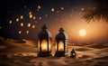 Ramadan kareem abstract background with lantern, desert, Dunes and Crescent