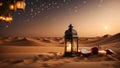Ramadan kareem abstract background with lantern, desert, Dunes and Crescent