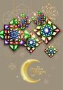 Ramadan Kareem. Abstract girih flower encrusted with color crystals. Vector illustration. Islamic jewelry ornament