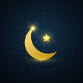 Ramadan Kareem arabic banner. Eid Mubarak greeting card. Golden crescent and star symbol on dark background. Luxury gold design