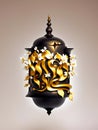 Ramadan Kareem arabic calligraphy manuscript in the form of 3D Gold Arabesque Lantern.
