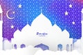 Ramadan Kareem. Arabic Mosque, clouds, white stars in paper cut style. Arabesque pattern. Crescent Moon. Holy month of Royalty Free Stock Photo