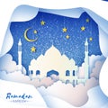 Ramadan Kareem. Arabic White Origami Mosque. Paper cut Desert Cave Landscape. Clouds. Gold stars. Night sky. Holy month