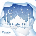 Ramadan Kareem. Arabic White Origami Mosque. Paper cut Desert Cave Landscape. Clouds and hanging stars. Night sky. Holy