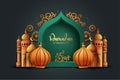 Ramadan Kareem art greetings with golden mosque and green background. abstract vector illustration design