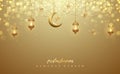 Ramadan kareem background with Arabic Calligraphy, golden lanterns, and golden crescent moon. Greeting card background with a