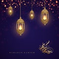 Ramadan kareem background with Arabic Calligraphy and golden lanterns. Greeting card background with a glowing hanging lantern