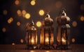 arabic lantern on table with wall background. Ramadan background. Generative AI