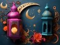 Ramadan Kareem background with arabic lanterns and crescent moon