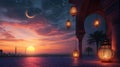 Ramadan Kareem background with arabic lanterns and moon