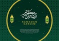 Ramadan kareem background banner poster islamic greeting with golden lantern, round islamic ornament and arab calligraphy on green