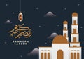 Ramadan kareem background banner poster islamic greeting with white lantern, big mosque and arab calligraphy