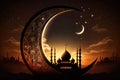 Ramadan Kareem background with big shiny crescent and stars and a sunset view of a mosque Arabic ilsamic celebration Abstract