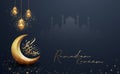 Ramadan kareem background with a combination of shining hanging gold lanterns, arabic calligraphy, mosque and golden crescent moon Royalty Free Stock Photo