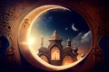 Ramadan Kareem background. Crescent moon at a top of a mosque. Generative ai Royalty Free Stock Photo