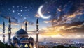 Ramadan Kareem background with crescent, stars and glowing clouds image of mosque between cities Royalty Free Stock Photo