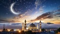 Ramadan Kareem background with crescent, stars and glowing clouds image of mosque between cities Royalty Free Stock Photo