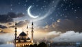 Ramadan Kareem background with crescent, stars and glowing clouds image of mosque between cities Royalty Free Stock Photo