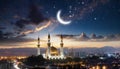 Ramadan Kareem background with crescent, stars and glowing clouds image of mosque between cities Royalty Free Stock Photo