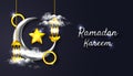 Ramadan Kareem background with 3d realistic crescent moon, lantern lamp, star, circle, cloud and arabic calligraphy in golden and Royalty Free Stock Photo