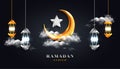 Ramadan Kareem background with 3d realistic crescent moon, lantern lamp, star and cloud in golden and silver color, for banner, Royalty Free Stock Photo