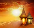 Ramadan Kareem background.Eid Mubarak, greeting background with ÃÂolorful lanterns