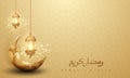 Ramadan kareem background with glowing hanging lantern and crescent moon. Greeting card background with 3D style Royalty Free Stock Photo